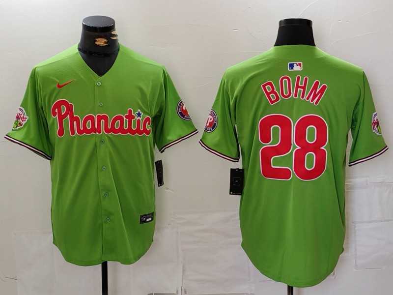 Men%27s Philadelphia Phillies #28 Alec Bohm Green With Patch Stitched Cool Base Nike Jersey